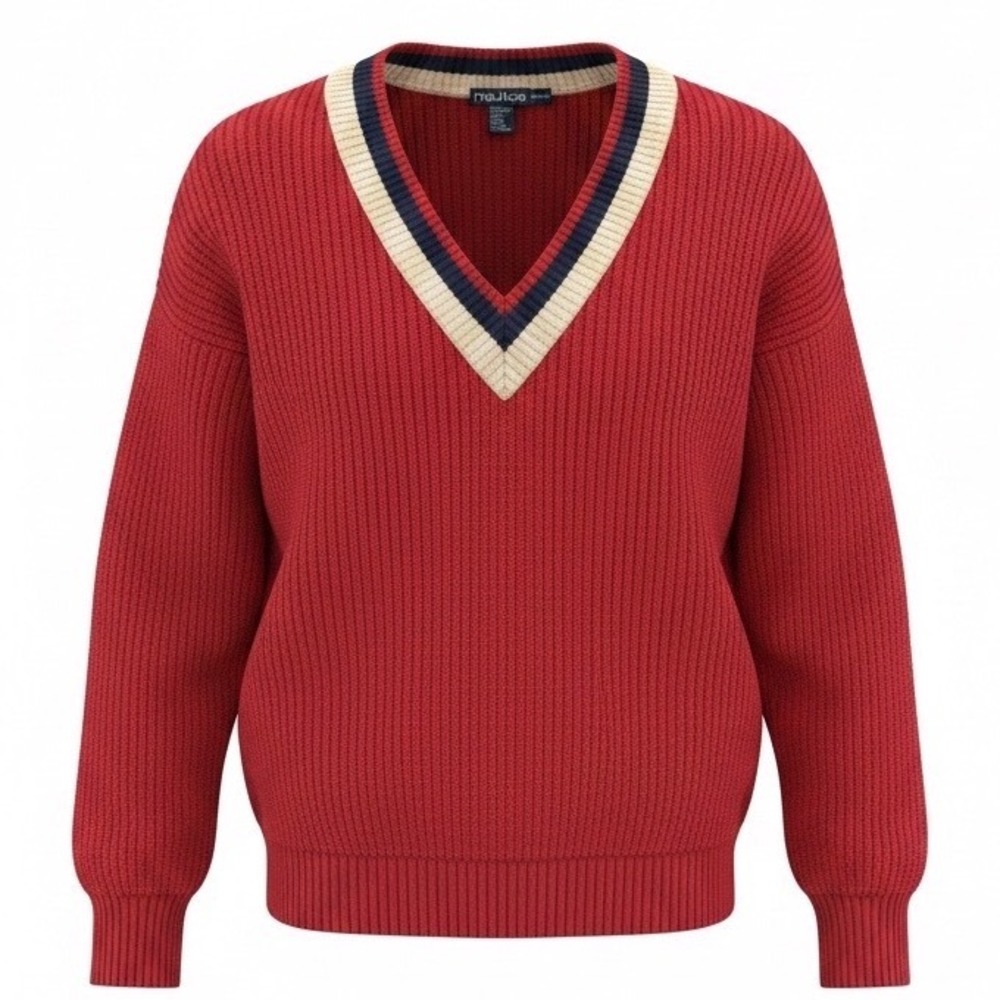 Nautica Mens XL V-Neck Sweater Red Shaker Knit Cotton Striped Trim Pullover